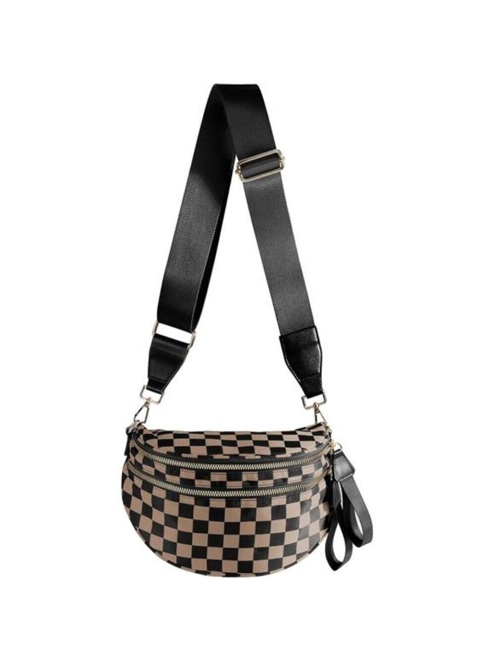 Black Tan Checkered Crossbody Bag Fanny Pack Belt Bag Purse Shoulder Bag Women